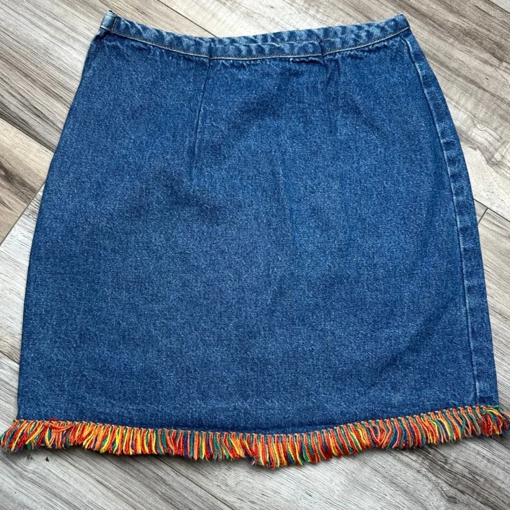 Vintage Sanrio Hello Kitty Denim Mini Skirt Rainbow Fringe Blue 90s Size 5